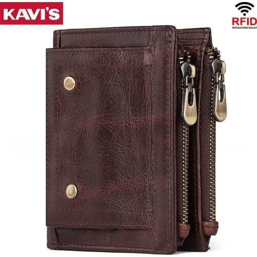 KAVIS RFID Wallets Men Brand Genuine Leather Short Wallet Small Money Bag Male Purses With Card Holder and tow Coin Pocket Bags