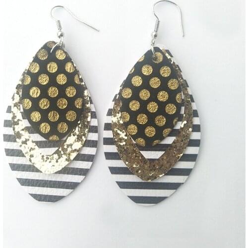 Layered Gold Spot Faux Leather Glitter Stripe Teardrop Earrings Four Layers Leather Earrings Lightweight Leaf Earrings Fashion