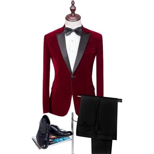 JELTONEWIN 2021 Costume Men Suit Groom Tuxedo Burgundy Velvet Terno Slim Fit Wedding Prom Peaked Lapel Mens Suits 2 Pieces Set