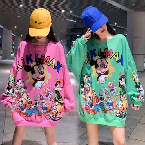 Disney Synthetic Mickey Mouse Autumn Thin Cartoon Loose Hoodies Sweatshirt Women Printed Casual Hooded Pullover Female Coat