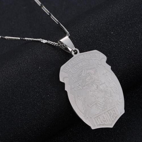 Stainless Steel Saint Michael Personalized Police Badge with Department Badge Number Pendant Necklace Jewelry