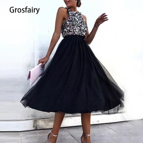 Grosfairy Prom Dresses 2021 Women Sexy Sleeveless Sequins Casual Fashion Streetwear Lace Elegant Formal Gowns Night Vestidos