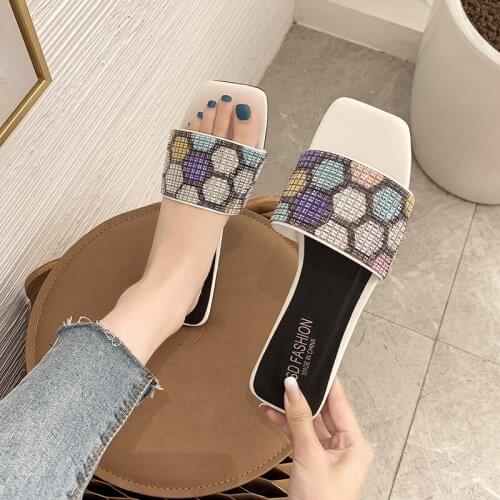 2021 Women Summer Flat Slippers Elegant Ladies Square Toe Slides Outside Shoes Female Crystal Bling Sandals Fashion Woman Shoes