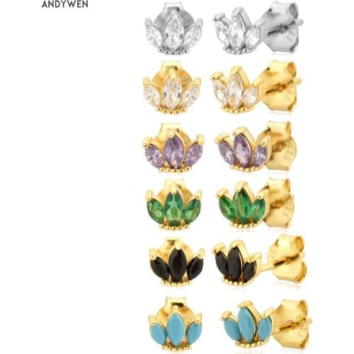 ANDYWEN 925 Sterling Silver Colorful Three Ovals Queen Stud Earring Luxury Fashion Zircon Piercing Three Leafs Small Jewelry