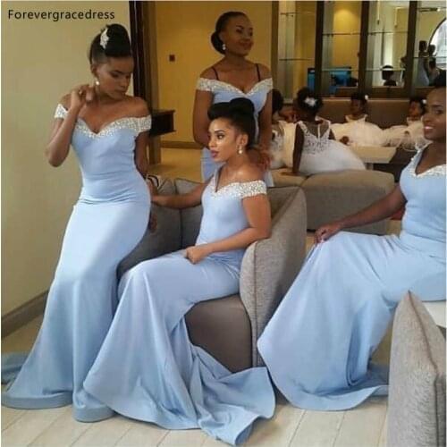 Light Sky Blue Bridesmaid Dresses African Girls Satin Wedding Guest Maid of Honor Gowns Custom Made Plus Size Available