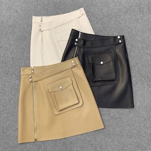 2021 Spring New Desgier Womens High quality Genuine leather Skirts Chic High-rise A-LINE Skirts C535