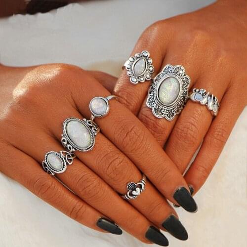 TianBo Boho Vintage Flower Opal Rings For Women Geometric Pattern Big Knuckle Rings Set Bohemian Jewelry Party Gift 7 PCS/Set
