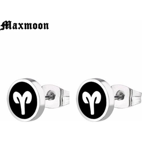 Maxmoon Vintage Stainless Steel Aries Unisex Mens Men Stud Earrings