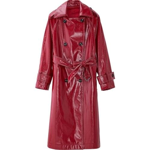 Spring Autumn Womens Trench Big Lapel Bright Face PU Leather Jacket Female Double Breasted Red Long Windbreaker With Belt Y1277