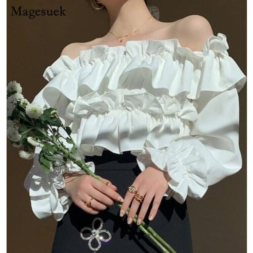 Blusas Autumn Off Shoulder Chiffon Blouse Women Long Sleeve Slash Neck Sexy Shirt White Ruffle Casual Puff Sleeve Tops New 15670