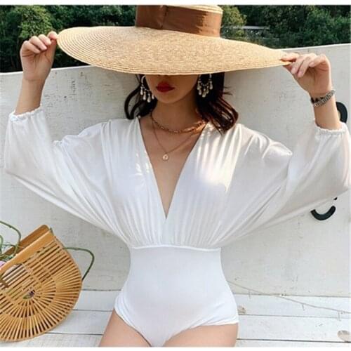 Sexy Rash Guard Swimsuit One Piece Swimwear 2021 Long Sleeve Deep V Backless Bodysuit Women Bathing Suit Beachwear Monokini Swim