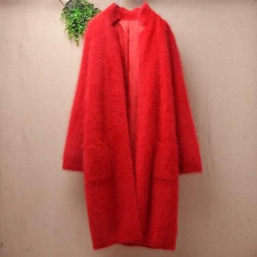 Ladies women fashion christmas red hairy mink cashmere knitted long sweater cardigan mantle angora fur jacket coat sweater pull