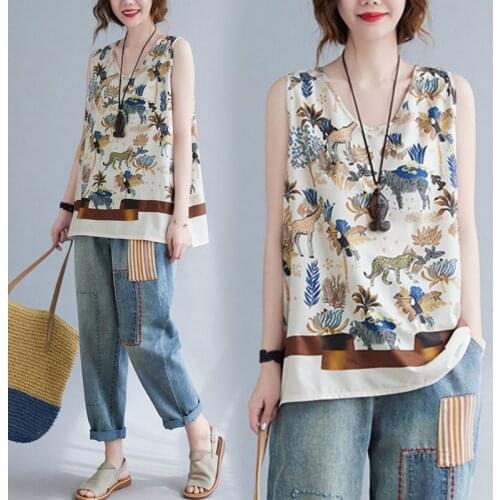 2021 flower printing sleeveless casual vest for women cotton and linen women chinese vest chinese vintage clothes loose vests