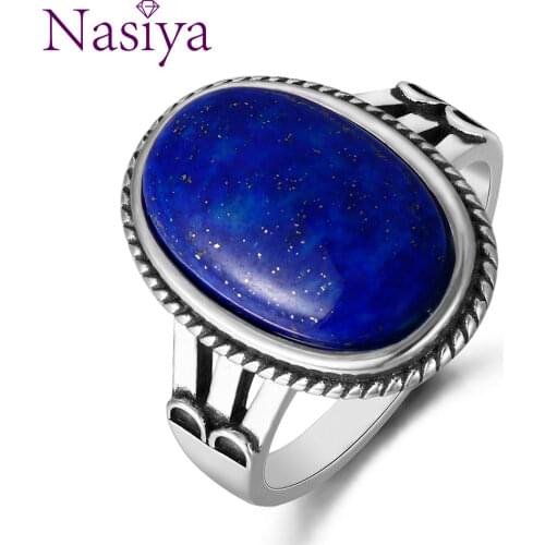 Nasiya Classic High Quality Big 11x17MM Natural Lapis Ring For Women 925 Silver Fine Jewelry Party Anniversary Wedding Gift