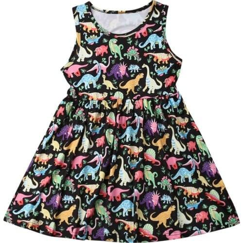 1-6Y Summer Infant Kids Baby Girls Causal Dress Dinosaur Print Sleeveless Knee-Length A-Line Dress Sundress