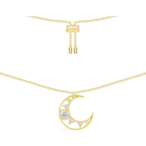 SLJELY Real 925 Sterling Silver Yellow Gold Color Star Moon Pendant Adjustable Necklace Micro Cubic Zirconia Women Brand Jewelry
