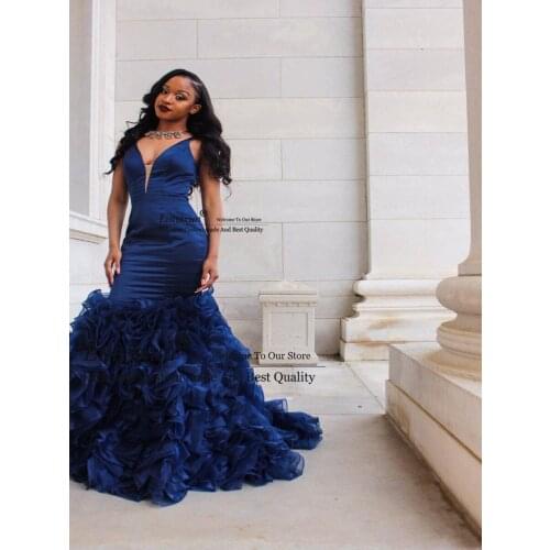 2021 Royal Blue Prom Dresses Sexy Deep V Neck Sleeveless Mermaid Ruffles Organza Skirt Formal Evening Gowns Long Party Dresses