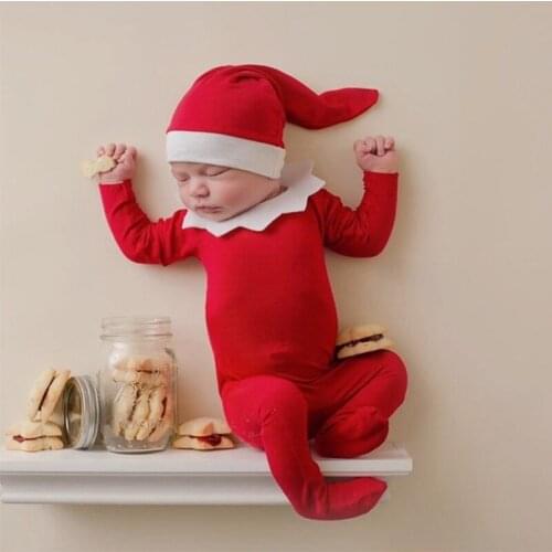 1 Set Newborn Photography Props Clothing Red Baby Romper with Collar Long Tail Hat Set Bodysuit Beanies Cap Kit for Infants Chr