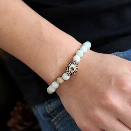 Charm Copper Micro Inset Zircon Eye Shape Jewelry Polished Sandstone Beads Bracelet Fashion Elastic Bangles for Men Women