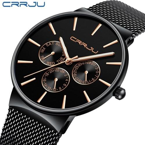 CRRJU Simple Men Watches Analog Quartz Wrist Watches Date Week Business Fashion Stainless Steel Male Clock Relogio Masculino