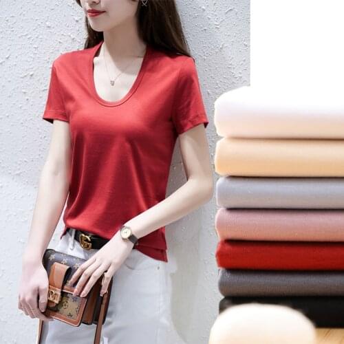New Mulberry Silk Round Mercerized Cotton T-shirt Womens Short Sleeve U-neck Pure White Summer Half Sleeve Slim Bottomed