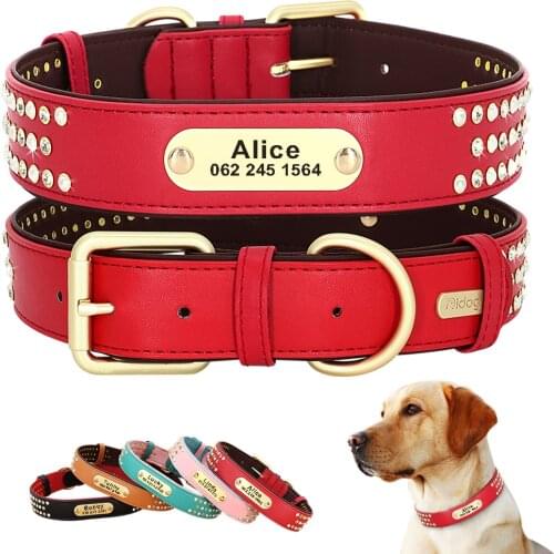 Personalized Dog Collar Bling Rhinestone Custom Leather Dog Necklace Free Engraved Pet Collars With Nameplate FrenchBull Collar