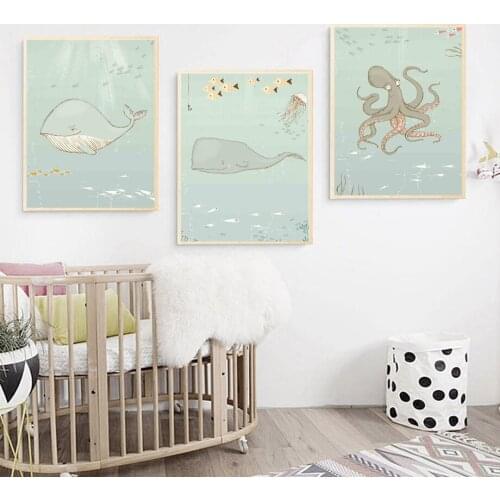 Whale Jellyfish Octopus Seaweed Fish Hook Wall Art Canvas Painting Nordic Posters And Prints Wall Pictures Baby Kids Room Decor