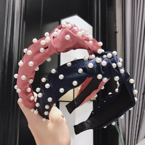 Knot Pearls Hairbands Headbands For Women Girls Handmade Wide Solid Satin Fabric Twist Hairband Bezel Hair Hoop Hair Accessories
