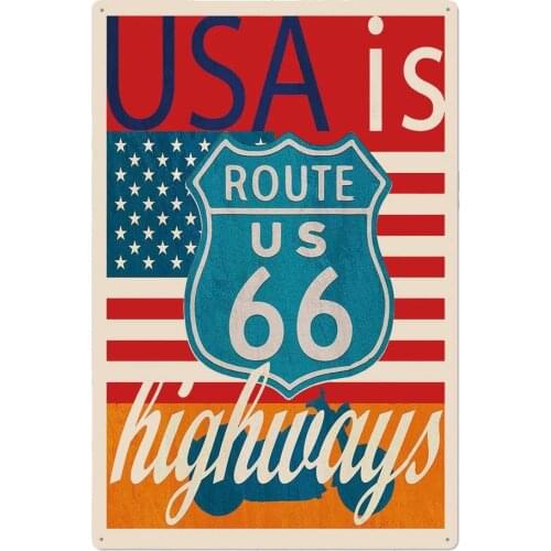 Design Route 66 Pattern Tin Metal Signs Wall Art | USA is High Ways | Thick Tinplate Print Poster Wall Decoration
