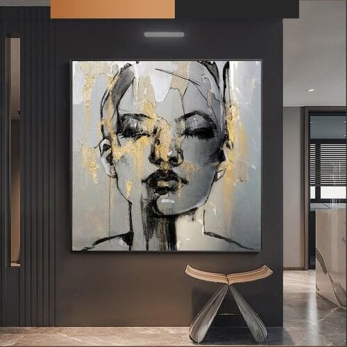 Abstract Figure Golden Girl Face Canvas Painting Fashion Women Square Wall Art Posters And Prints Picture For Living Room Decor