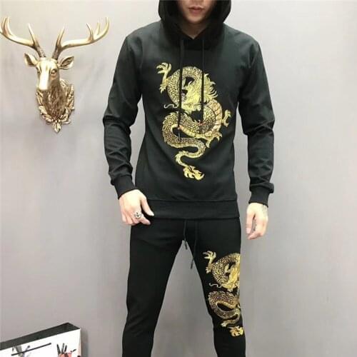 Hooded 2 Luxury Piece Set Sweatshirt And Pants Suits Sets Jogging Homme Black Mens Set Casual Embroidery Dragon Mens Tracksuit