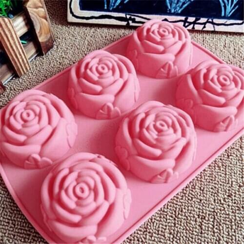 Silicone 6 Holes Flower Rose Soap Cup Cake Jelly Chocolate Mold Muffin Mould DIY Pink Color