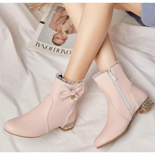2021 Sweet student winter warm short boots fashion bow zipper womens shoes comfortable low-heel ladies round toe Ankle boots