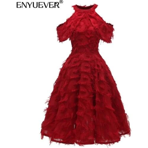 Enyuever Short Burgundy Tassel Dress Women Clothing Cold Shoulder Vestido Midi Runway Fashion Formal Gowns Evening Party Dress