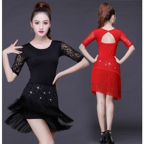 2018 Women Competition Dance Clothes Sequins Costume Set with Sleeves Fringe Salsa Dresses Ballroom Dance Ladies Latin Dress