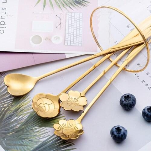 6pcs Stainless Steel Spoon Sakura Rose Heart Gold Sliver Coffee Spoons Dessert Ice Cream Scoop Kitchen Accessories Tableware