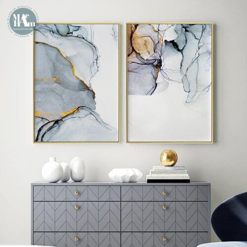 Nordic Morden Abstract Blue-gray line Wall Art Canvas Painting Golden Blue smoke Art Poster Print Wall Picture for Living Room