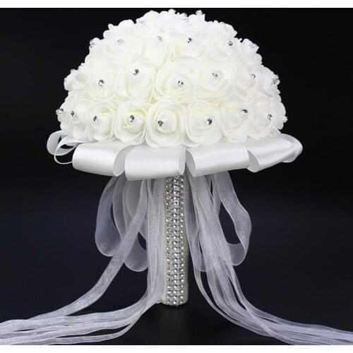 Free Shipping Crystal White Wedding Bouquets Bridal Holding Flowers Hand Made Bride Bridesmaid Artificial Rose Flowers 19 x19 cm