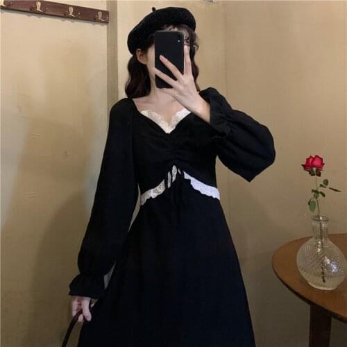 Black Gothic Dress Women Designer Lace-Up Midi Dress Chic Casual Korean Style Party Vintage Dress Autumn Women Clothing