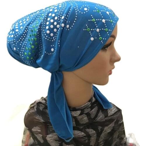 H089 high quality muslim hats with colored sequins pull on islamic scarf turban hijab with elastic band