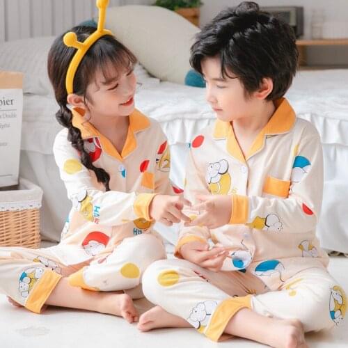 Cotton 3-12 Years Boys and Girls Pajamas Baby Homewear Set Knitted Cotton Long-Sleeved Cardigan Cartoon Childrens Pajamas Set