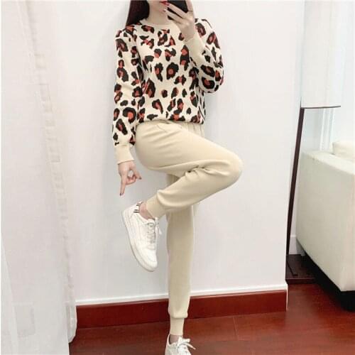 Autumn and winter 2020 new personalized leopard print pullover long sleeve sweater simple ankle pants set