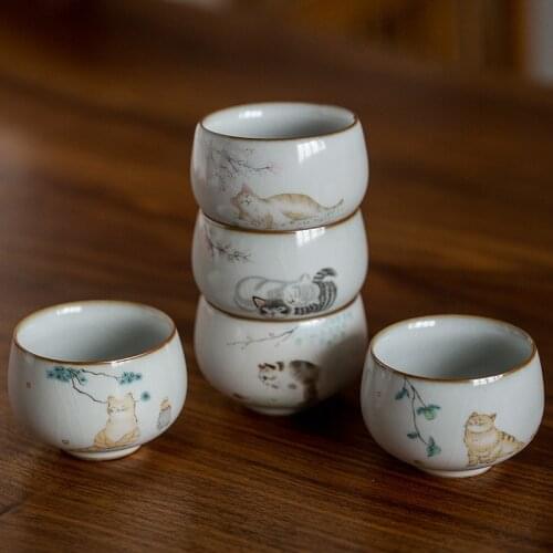 Creativity Yuebai Ru Kiln Cat Ceramic Tea Cup Master Cup Tea Cup Open Piece Can Support Single Cup Simple Gentle Individual Cup