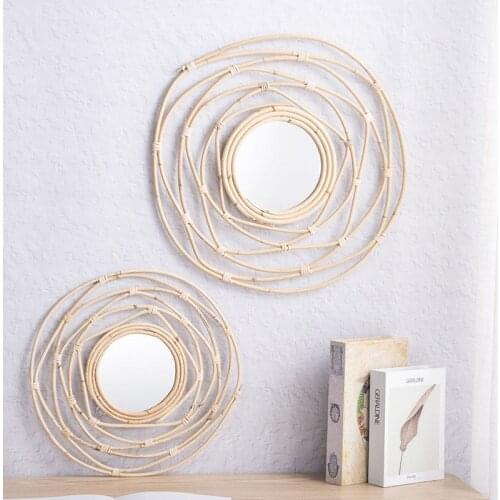 Handmade rattan round makeup mirror innovative art decoration dressing table bathroom wall mirror Nordic crafts wall decoration