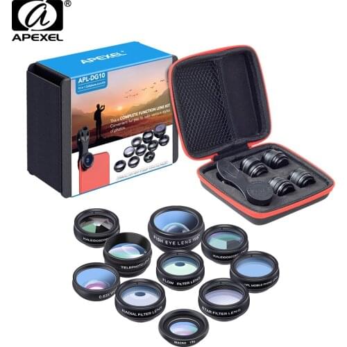 APEXEL Phone Lens Kit Universal 10 in 1 Fisheye Wide Angle Macro Lens CPL Filter Kaleidoscope+2X Telescope Lens For Smartphone