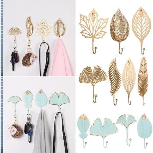 Nordic Style Leaf Shape Wrought Iron Hook Wall Hanger Gold/Green Hanging Storage Rack for Towel Clothes Home Bathroom Decor