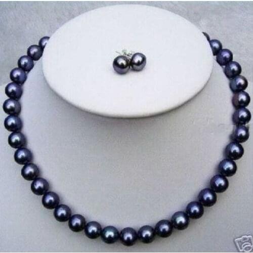 Huge AAA 9-10mm south sea black pearl necklace 18" Gold + earrings