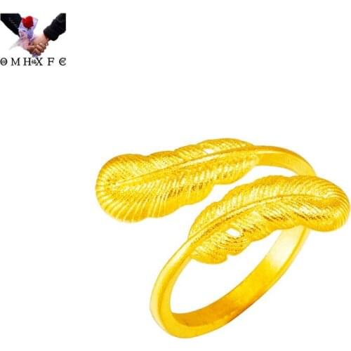 OMHXFC Wholesale RI299 European Fashion Fine Hot Woman Girl Party Birthday Wedding Gift Feather 24KT Gold Open Resizable Ring
