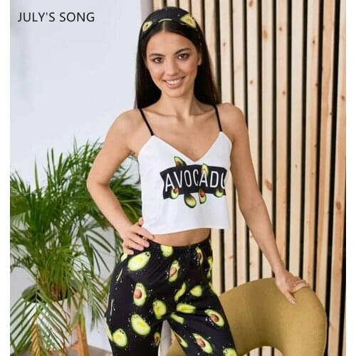 JULYS SONG INS Pajamas Set Avocado Print Stain 2 Pieces Women Sexy Sling Trousers Faux Silk Summer Spring Sleepwear Homewear