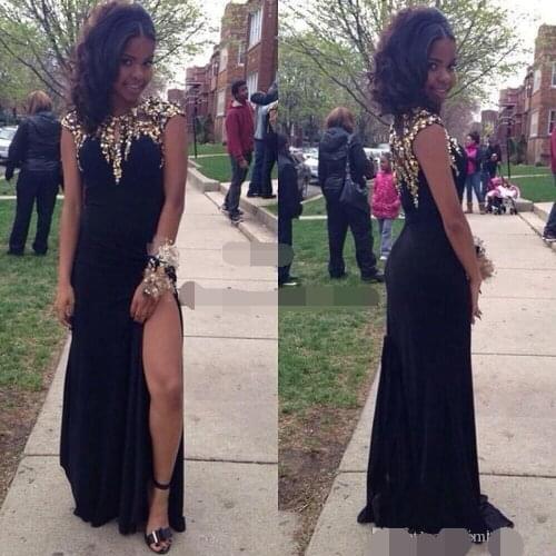 2019 African Black Evening Dress Cap Sleeve Gold Beads Sequins Thigh-High Slits Formal dress Prom Gown robe de soiree